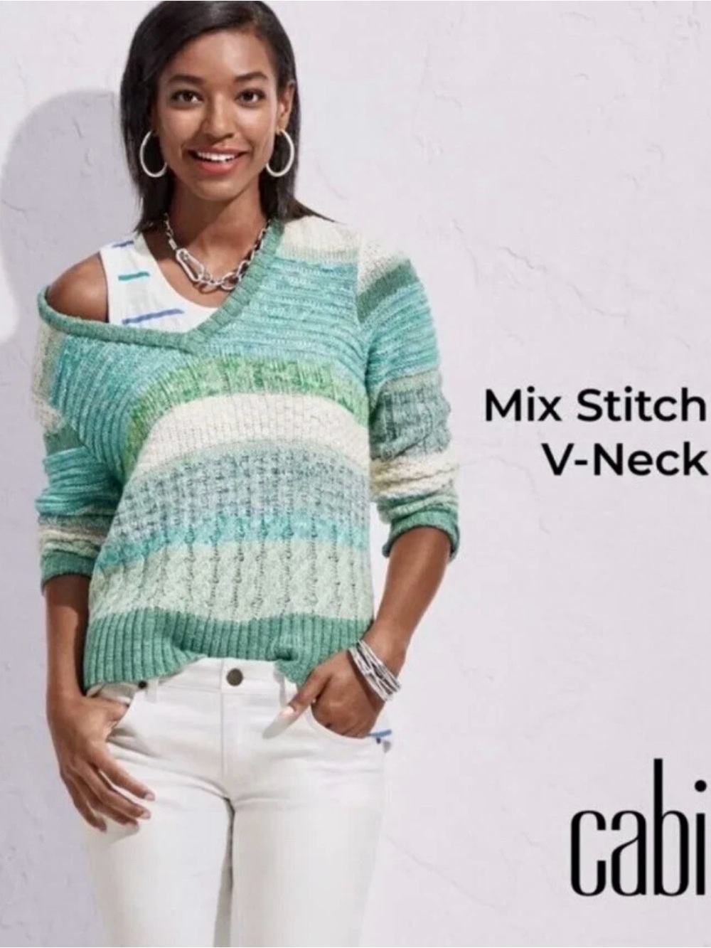 Cabi Mix Stitch Stripes Cable Knit V Neck Sweater Women’s Size Medium #6170